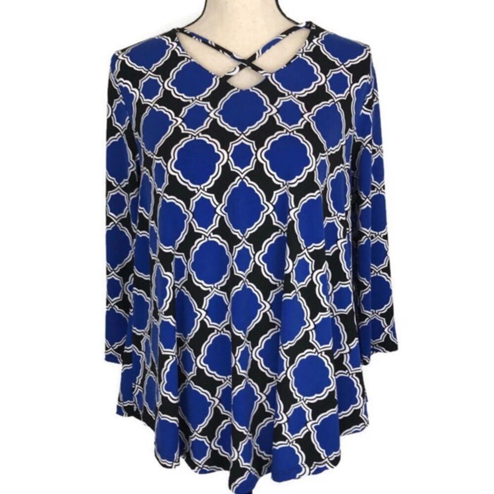 CHICOS Caged Modern Montage Blouse 3/4 Sleeve Knit Womens 0 Enamel Blue Blouse